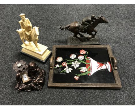 An early 20th century carved wooden tray, a standard lamp and shade, Chinese figure Emperor on horse back, horse and jockey a