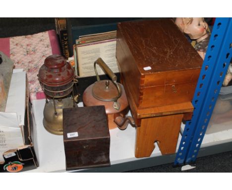 A pine cracket, together with a mahogany box, a cased meter, a copper and brass vintage kettle and a tilley lamp, three piece
