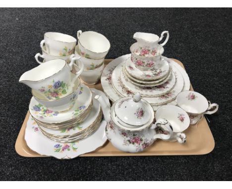 A tray containing fifteen pieces of Royal Albert Lavender Rose tea china, together with a twenty one piece Adderley bone chin
