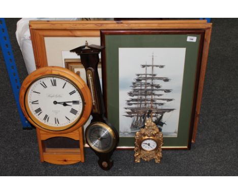 A contemporary Knight and Gibbons pine wall clock together with a weather master barometer, a small gilt mantel clock, gilt f