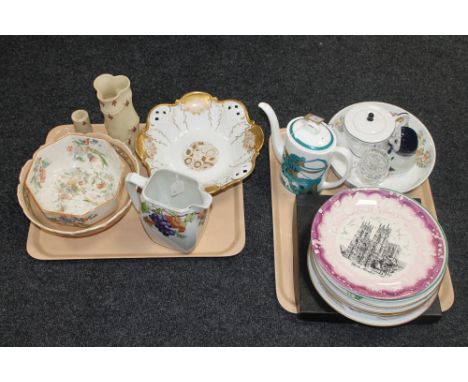 A tray containing Knowles collectors plates, a Wedgwood Susie Cooper design Ashmun tea pot, Aynsley bowl, etc