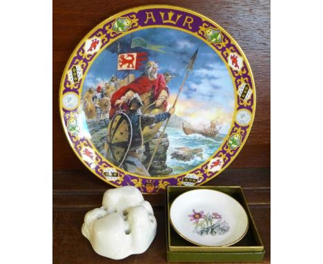 A Royal Doulton Alfred The Great plate, a Royal Doulton pen holder and a Royal Worcester pin dish