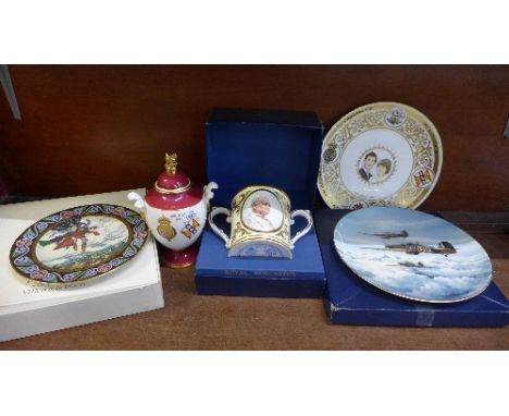 A Royal Worcester The Royal Marriage vase and plate, a Royal Worcester Pope John Paul II commemorative cup, boxed, a Coalport