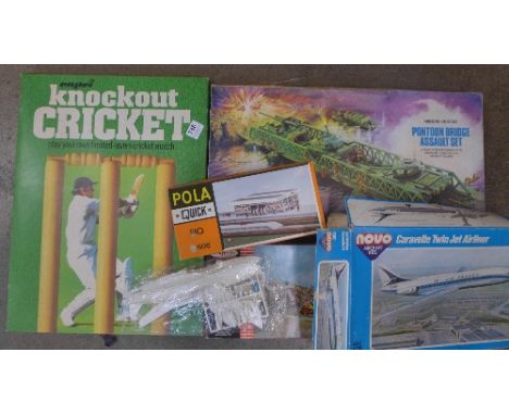 A Capri Knockout cricket game, an Airfix Pontoon Bridge Assault set, a Playcraft 00/HO building construction kit and other mo