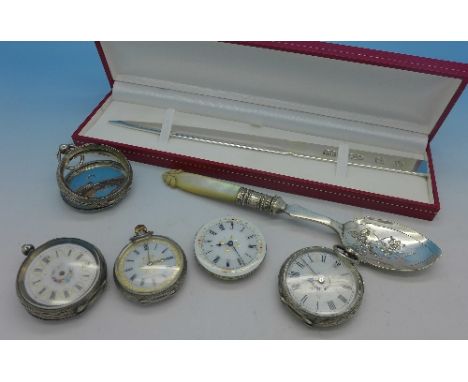 Four silver fob watches, an advertising silver letter opener and a preserve spoon