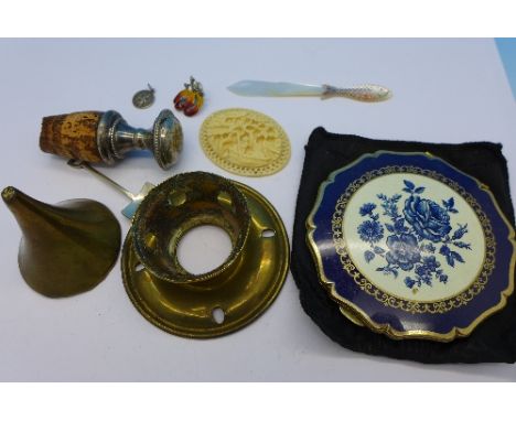 A mother of pearl fish bookmark, a Stratton compact, a carved ivory plaque, Pickelhaube spike, etc.