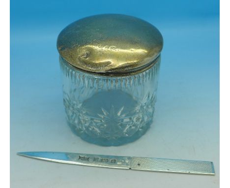 A silver topped glass jar and a silver letter opener, 46g