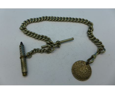 A watch chain with 1894 silver shilling fob and watch key