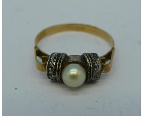 A yellow metal, pearl and diamond ring, tests as 18ct gold, 2.2g, K, continental control marks