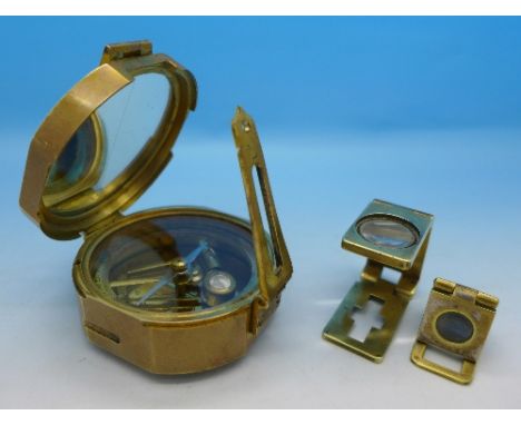 A brass compass and two brass magnifying glasses, compass a/f
