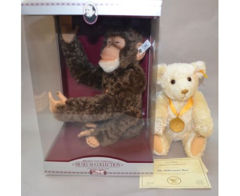 A Steiff monkey, boxed together with a Steiff Millennium Bear (2)