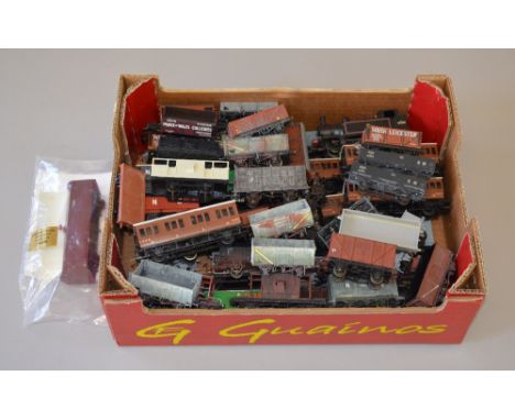 OO Gauge. Kit built rolling stock. Approx 55, wagons & 4-wheel coaches. Together with Bachmann 3F locomotive(steps missing) O