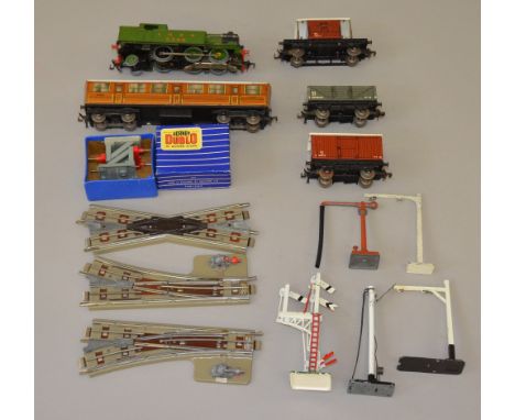 OO Gauge Hornby Dublo 0-6-2 LNER tank engine No. 9596, together with assortment of accessories & rolling stock. Overall F/G