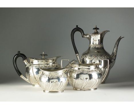 A Victorian four piece silver tea and coffee service, W & G Sissons, London 1894-96, each piece with embossed scroll decorati