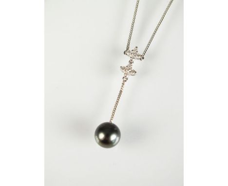 A Tahitian cultured pearl and diamond necklace, designed as a single cultured pearl drop suspended from white metal chain mou