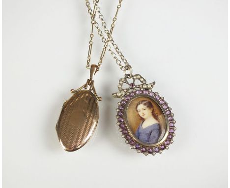 A gold plated engine turned pendant on chain, together with a white metal paste set oval portrait pendant on chain (2)
