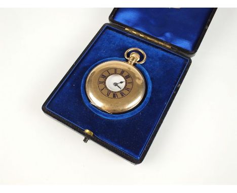 A Gentleman's gold plated Omega half hunter pocket watch, the white enamel dial with Roman numerals and subsidiary seconds di