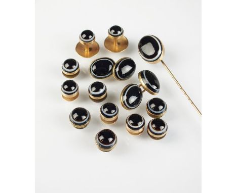 A collection of late 19th century banded agate jewellery, comprising; a pair of cufflinks, a stick pin and eleven studs, all 