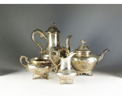 A Victorian three piece silver tea service, Barnard Brothers, London 1845 & 1846, comprising; a teapot with cast floral finia