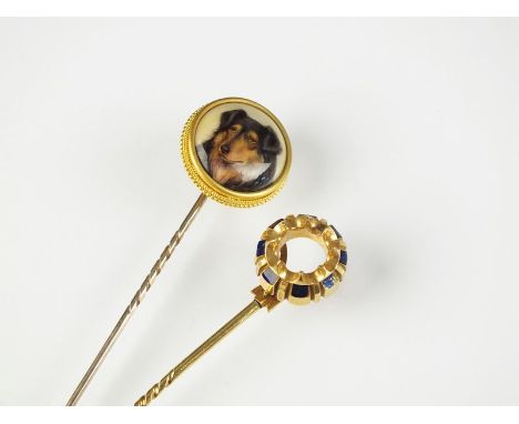 An enamelled stick pin, the circular plaque depicting a rough collie, signed to the reverse '*B Ford 1883', together with a f