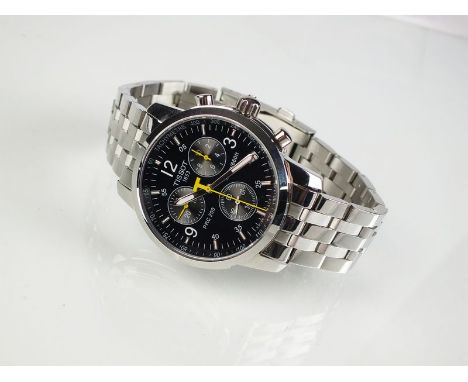 A Gentleman's Tissot stainless steel PRC 200 chronometer quartz wristwatch, the black dial with three subsidiary dials, with 