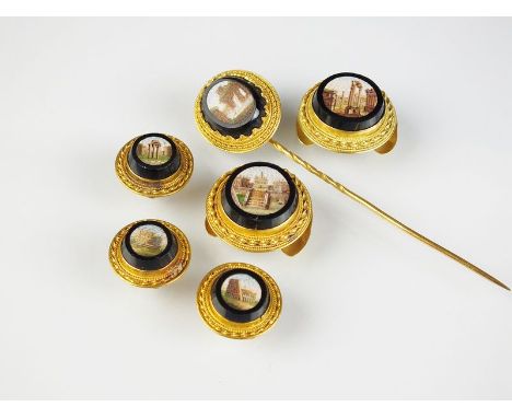 A collection of Italian micro mosaic jewellery, comprising; two large button studs, three dress studs and a stick pin, each d