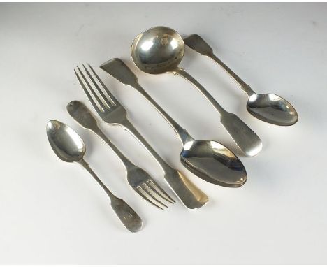 A harlequin collection of silver Fiddle pattern flatware, various dates and makers, comprising; four tablespoons, six table f