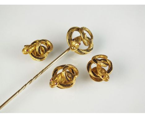 Three 19th century plaited hair 'snake' studs, each designed as a yellow metal and plaited hair entwined snake with cabochon 