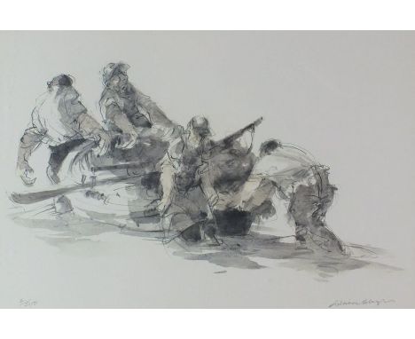 Wiliam Selwyn (B.1933), Fishermen on the Menai, signed in pencil, reproduction print, inscribed verso 'Pysgotwyr ar y Menai' 