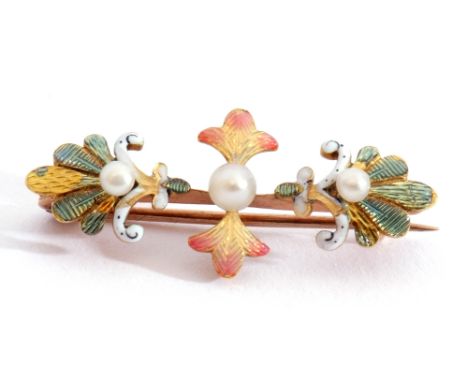 Antique enamel and seed pearl brooch featuring three graduated seed pearls set within translucent enamels, green, white and o