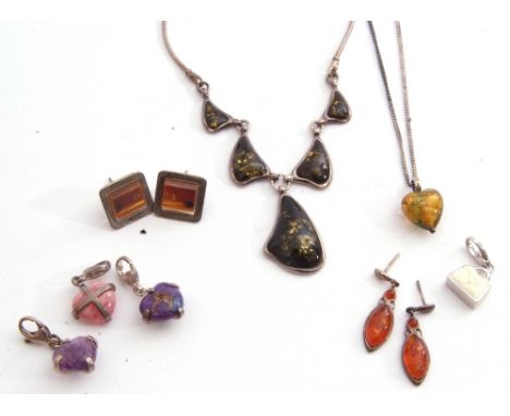 Mixed Lot: mainly white metal jewellery to include modern amber type necklace, 925 pair of amber drop earrings, enamel hand b