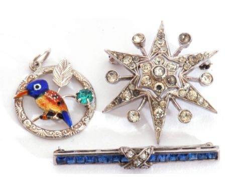 Mixed Lot: hallmarked silver and paste set star brooch, enamel decorated bird open pendant, stamped sterling, together with a