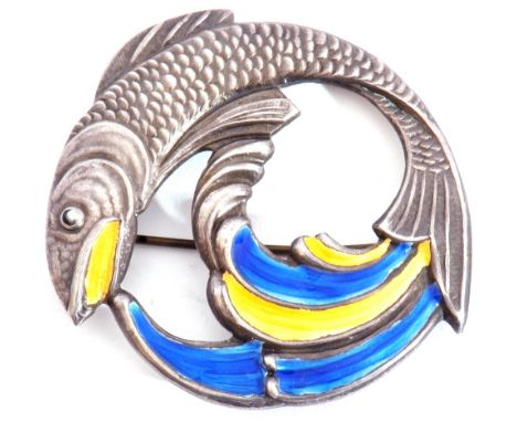 Vintage white metal and enamel fish brooch, a leaping textured salmon decorated with blue and yellow translucent enamels, sta