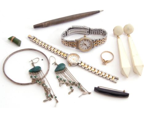 Pair of large Art Deco style plastic earrings, white metal bangle, ladies Rotary and Ann Klein wrist watch, paste ring, pair 