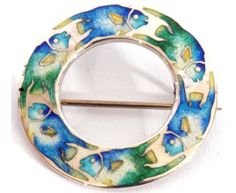 Arts &amp; Crafts sterling and enamel brooch, circular pierced shape, a design of coloured enamel fish, in blue and green and