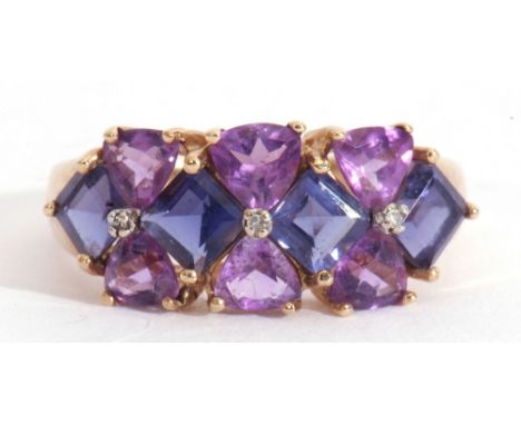 9ct gold amethyst and diamond cluster ring featuring ten mixed cut amethysts highlighted with three tiny diamond points, all 