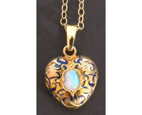 Yellow metal, opal and blue enamel pendant, heart shaped centring an oval opal in an engraved setting, highlighted with dark 