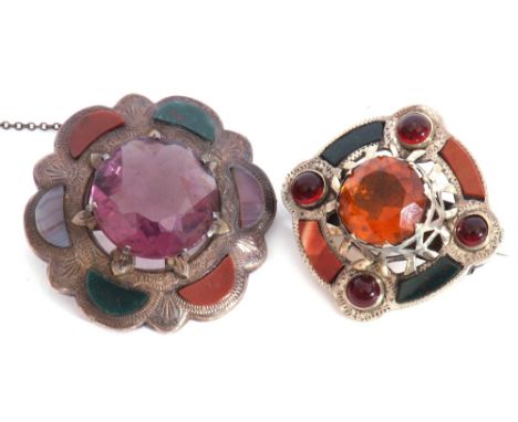 Mixed Lot: Scottish sterling agate and amethyst brooch, 4cm diam, together with a further Scottish agate brooch (later pin fi