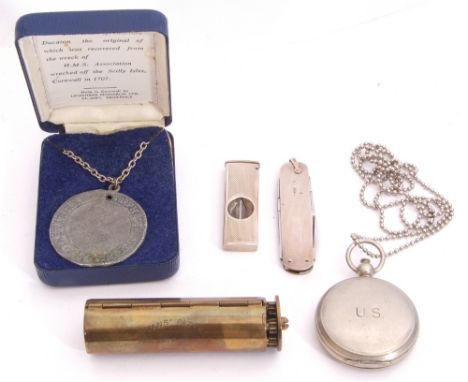 Mixed Lot: hallmarked silver cased pen knife, a silver framed cigar cutter, vintage brass cigarette roller, metal compass on 