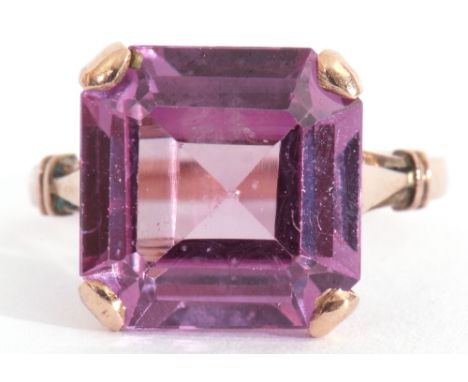Antique amethyst ring, the square stepped cut amethyst 12mm square, claw set in each corner and raised in a coronet setting, 