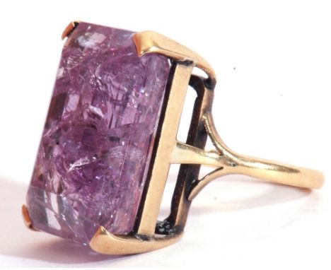 Large amethyst crystal dress ring, rectangular stepped cut, 2 x 1.5cm, raised in a four claw basket mount to a plain shank st