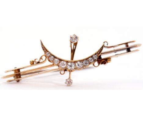 Vintage yellow metal and diamond crescent brooch, the triple knife edge bars centring a brilliant cut graduated diamond open 