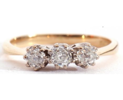 Three stone diamond ring featuring three old cut round diamonds, 0.45ct approx, individually claw set in coronet settings, st