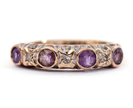 9ct gold diamond and amethyst ring, alternate set with 4 round faceted amethysts and 3 small diamonds, size M/N