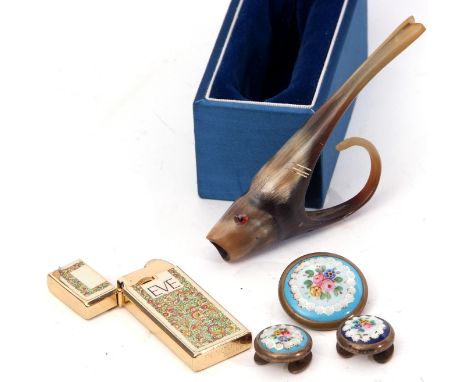 Mixed Lot: vintage enamel and hand painted brooch, two plug clasps, a carved horn fish pipe, and a modern Japanese "EVE" ligh