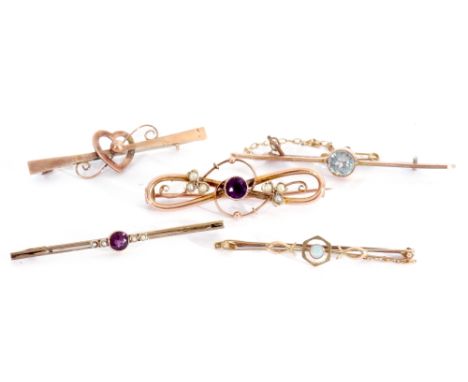 Mixed Lot: five 9ct stamped bar brooches, amethyst and seed pearl and opal etc set, 6.6gms g/w