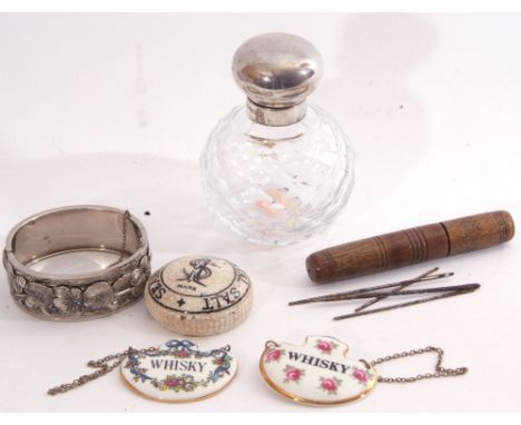 Mixed Lot: spherical cut glass with hallmarked silver collar and hinged lid, internal stopper missing, two porcelain whisky l
