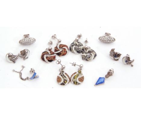 Mixed Lot: six pairs of 925 stamped earrings, paste set, together with two single blue enamel earrings