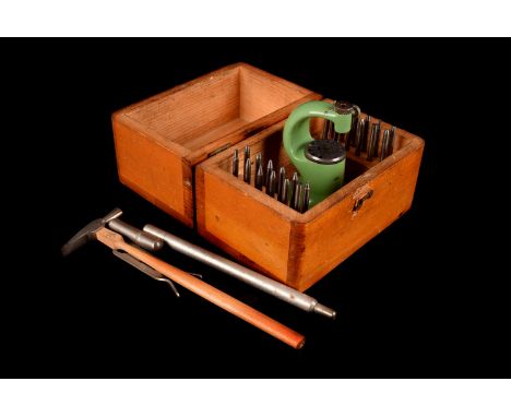 A watchmaker's staking set,  in an oak case, together with other watchmaker's tools (parcel)