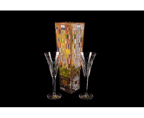 A pair of Waterford lead crystal wine glasses, together with a Gustav Klimt Goebel glass vase, with applied printed decoratio